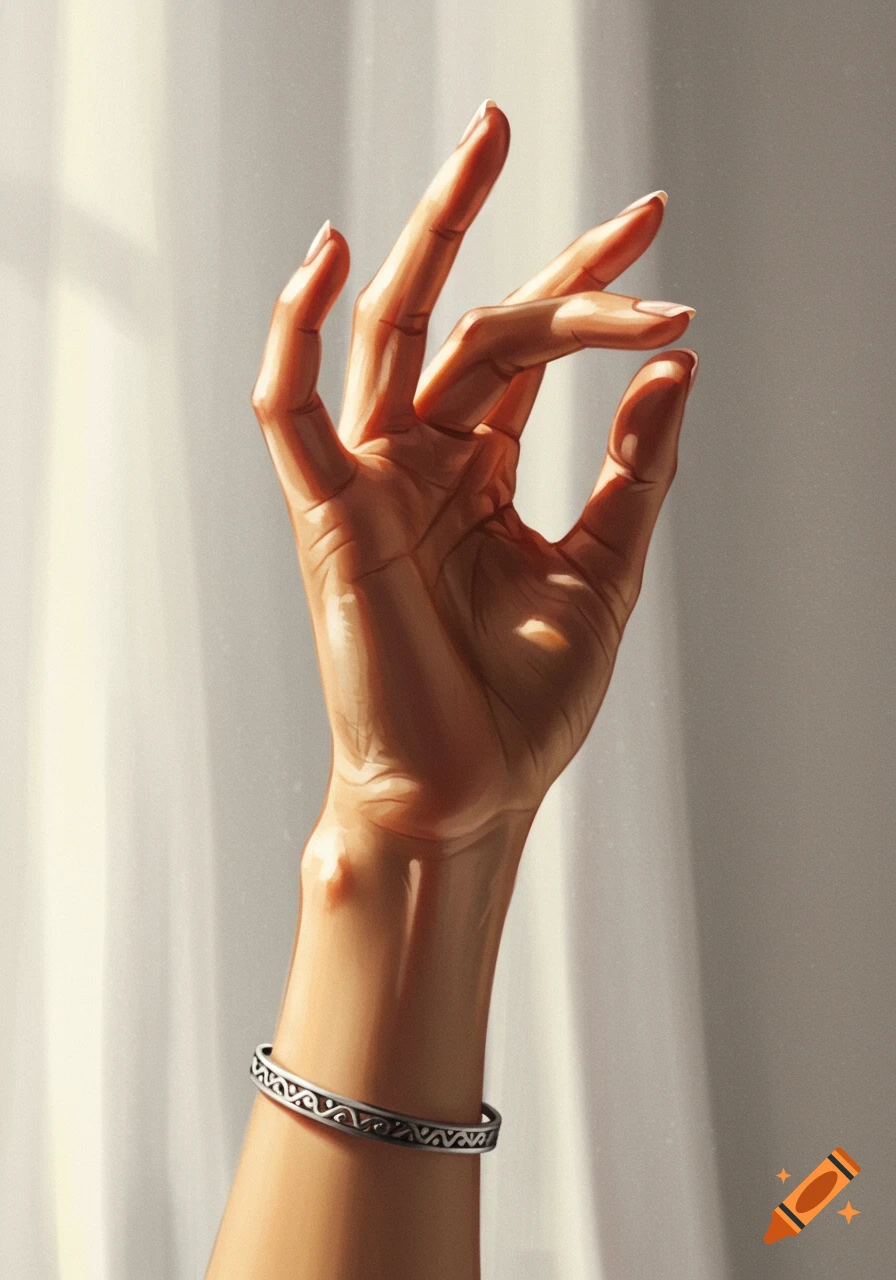 A close-up digital painting of a hand wearing a silver bracelet, bathed in sunlight and shadow.
