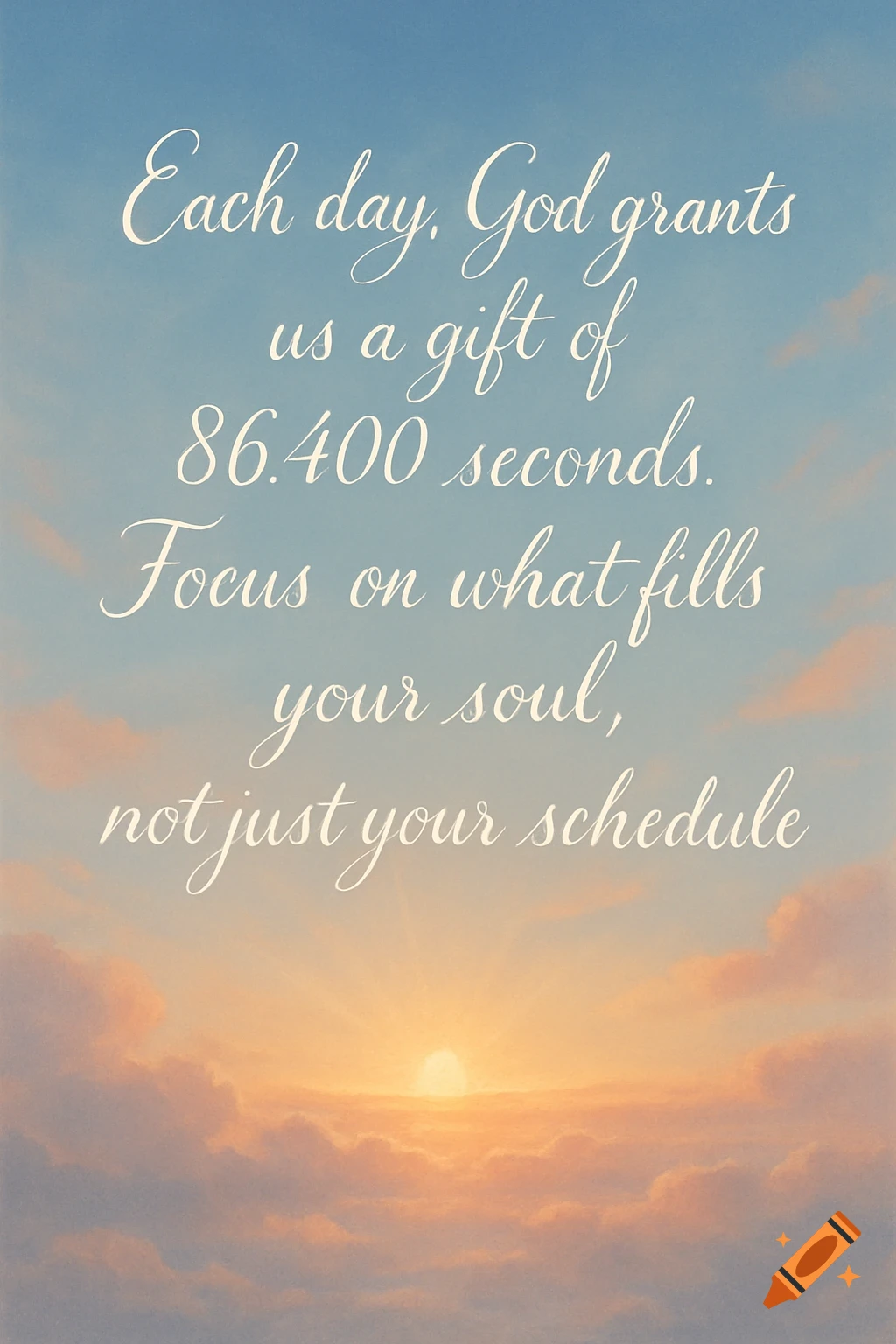 A white script quote against a gradient sky with a sunrise or sunset over clouds, reading: Each day, God grants us a gift of 86.400 seconds. Focus on what fills your soul, not just your schedule.