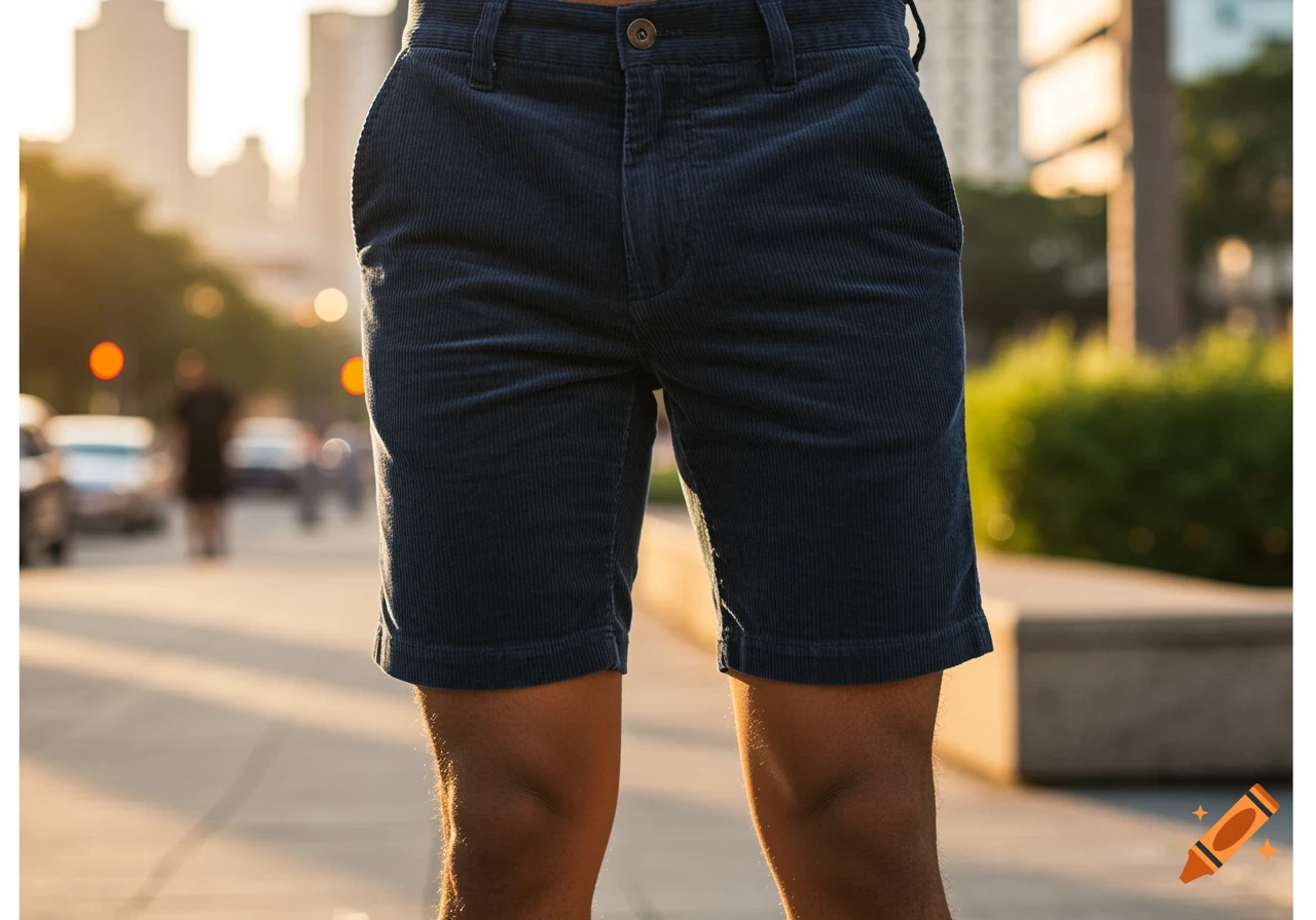 Close-up of a person wearing navy blue corduroy shorts on a city street at sunset.