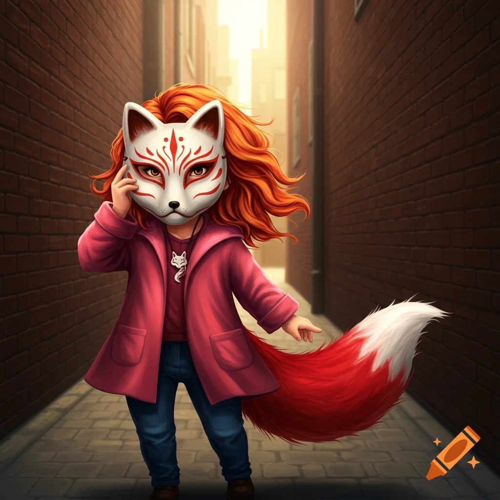 Illustrated character in a fox mask, pink coat, dark jeans, and red fox tail stands in a brick alleyway.