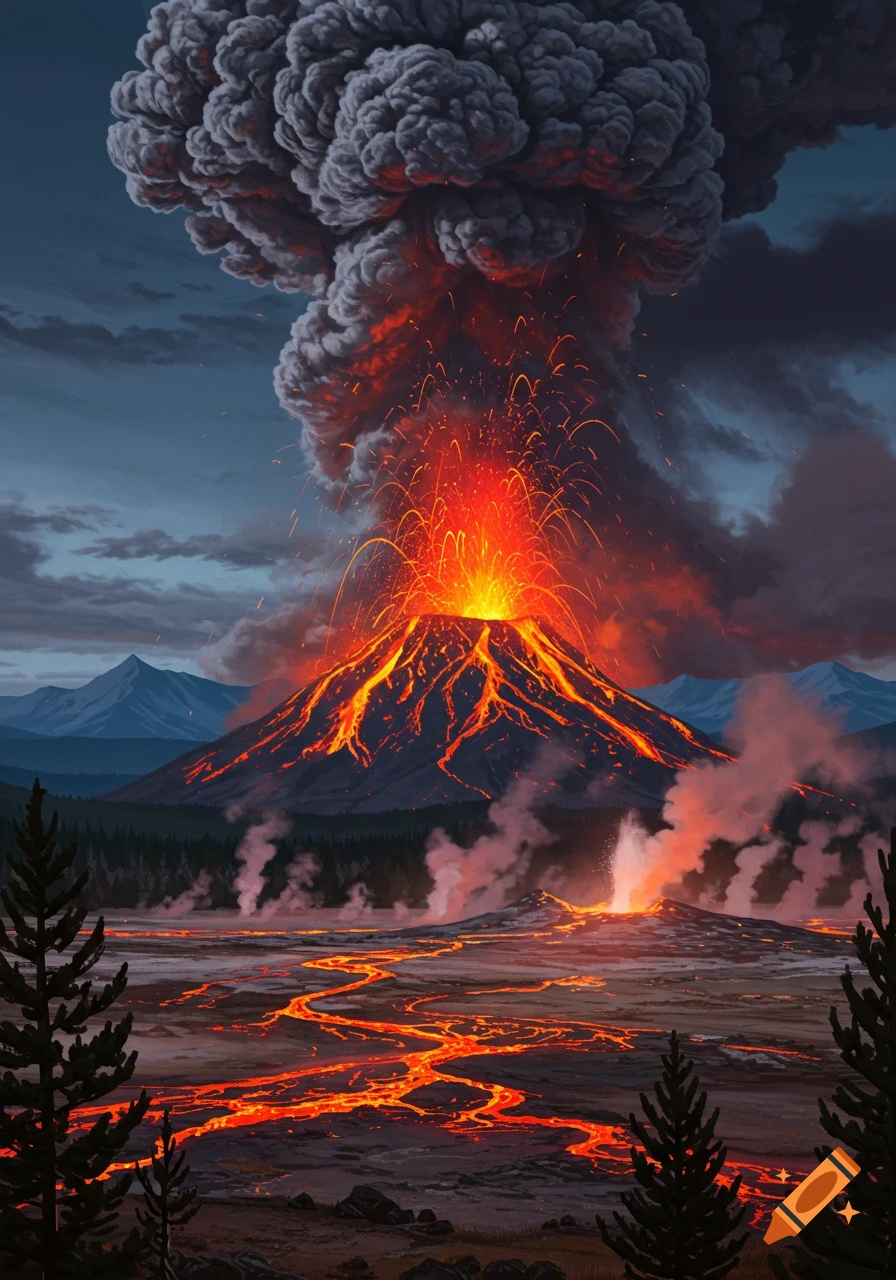 A large volcano erupts, spewing a massive ash cloud and incandescent lava flows across the dark landscape.