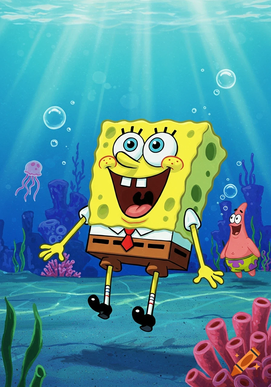 SpongeBob SquarePants with a wide smile and Patrick Star in the background, underwater with coral and jellyfish.