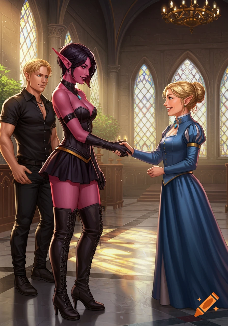 Digital illustration of a red-skinned elf woman in a corset shaking hands with a blonde elf woman in a blue gown, with a human man watching in a grand hall.