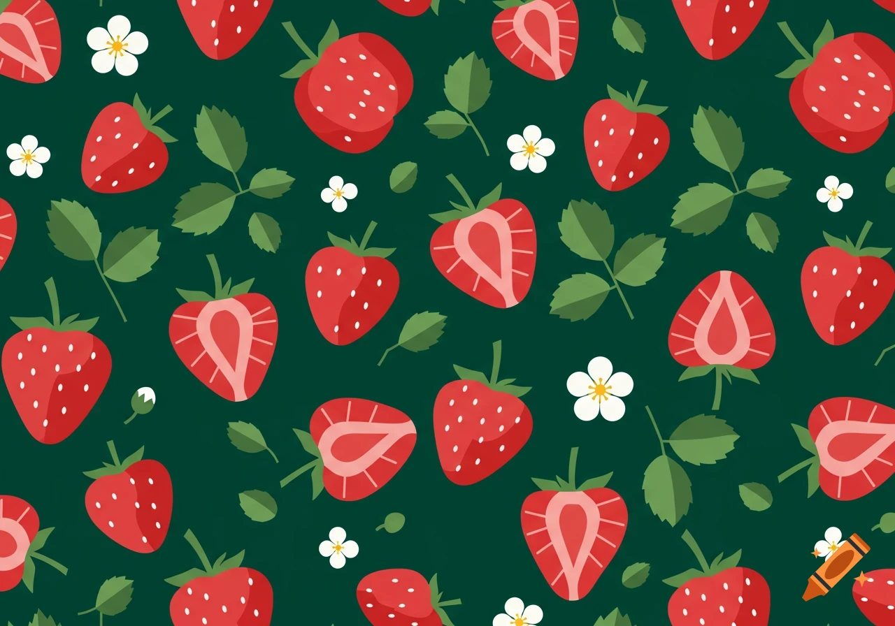 Seamless pattern of red strawberries, green leaves, and white flowers on a dark green background in geometric vector style.