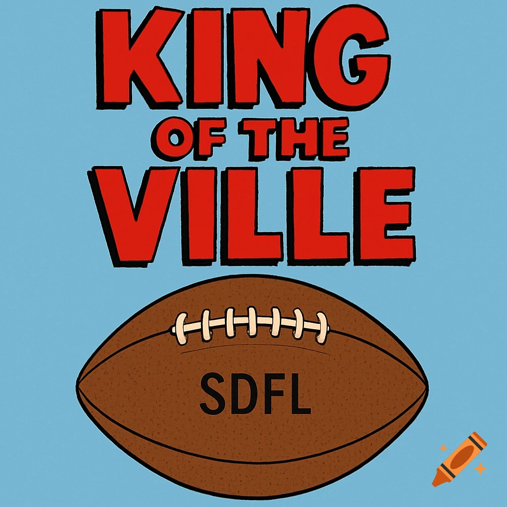 A cartoon logo with red text 'KING OF THE VILLE' and a football with 'SDFL' on a light blue background.