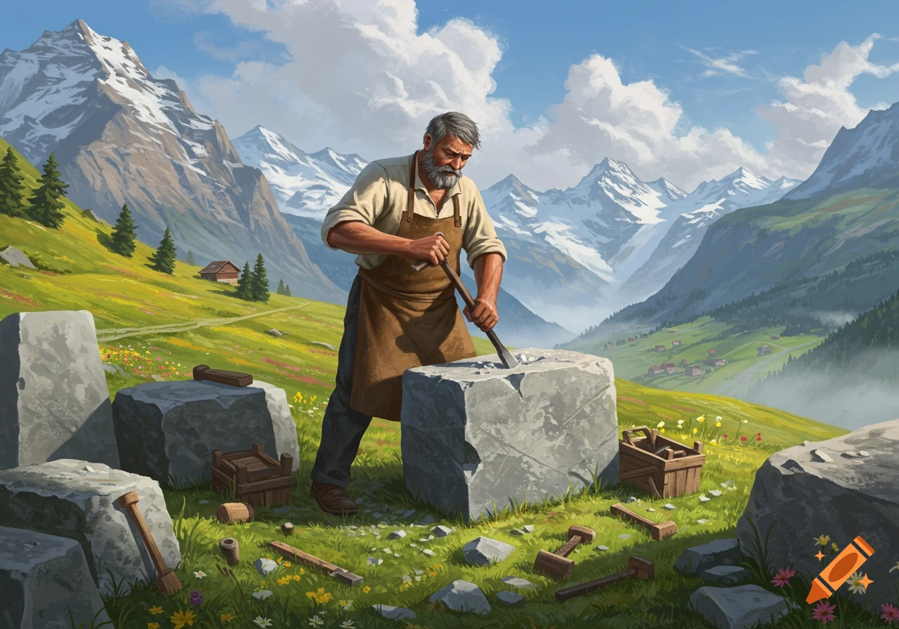 A grizzled stonemason carves a large stone block in a lush green mountain valley with snow-capped peaks under a blue sky.