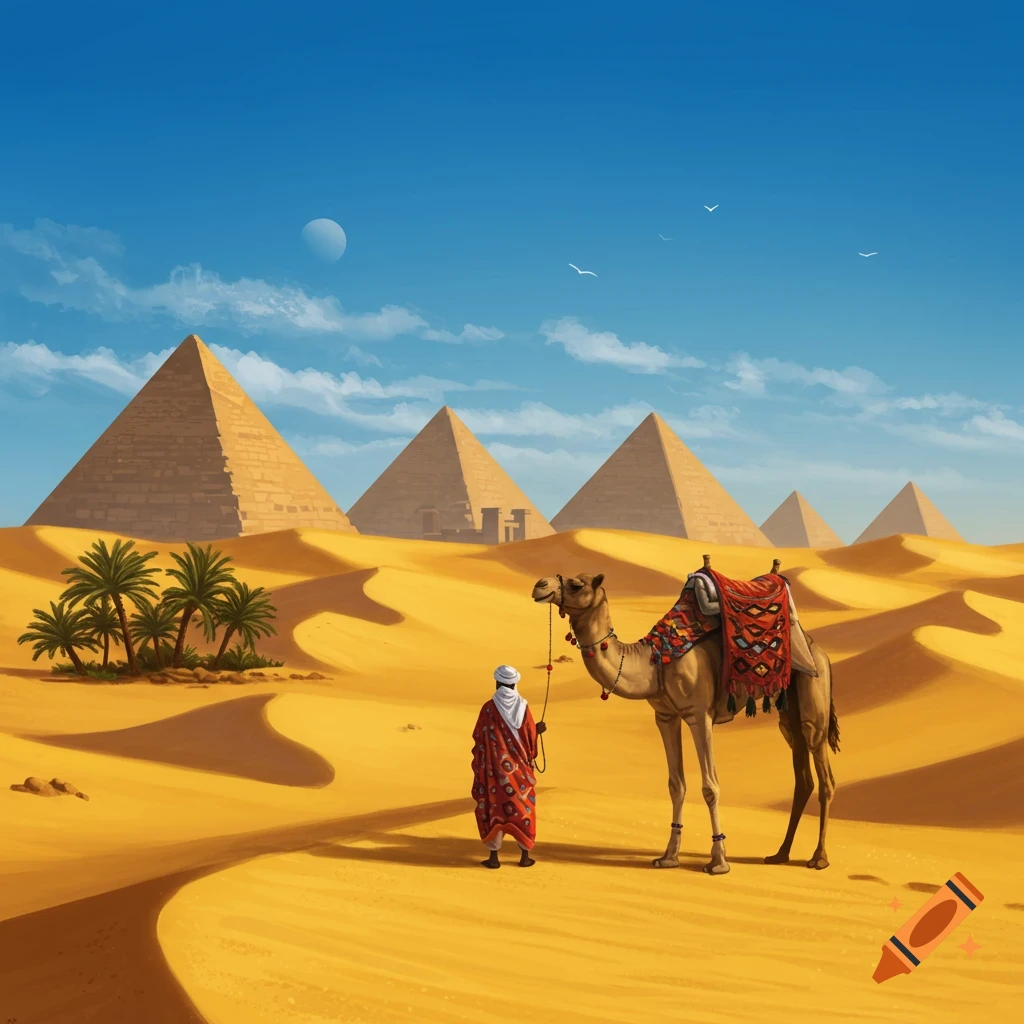 Illustration of a person leading a camel through sand dunes with pyramids under a blue sky.