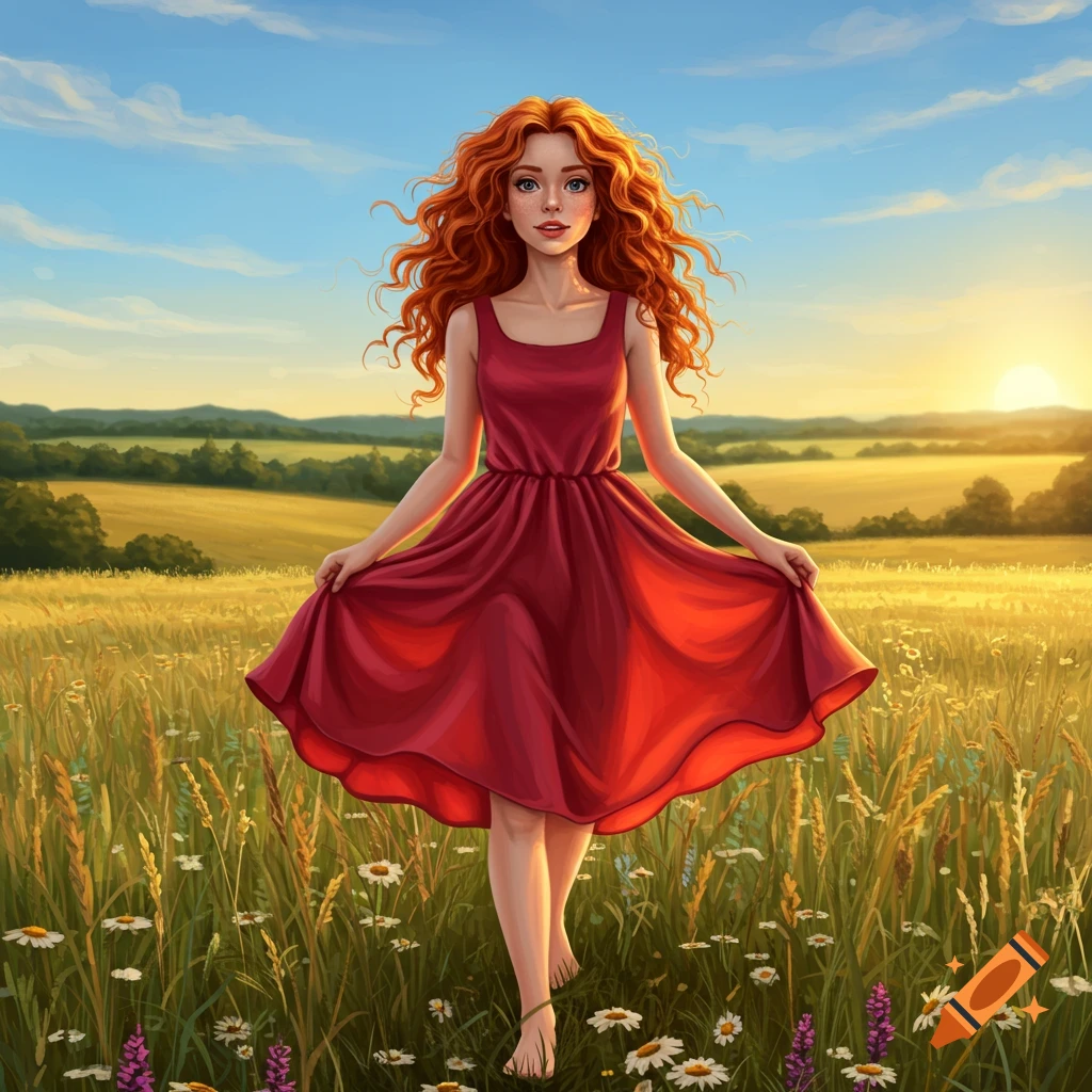 An illustrated red-haired girl in a flowing red dress stands in a sunny field of wildflowers.