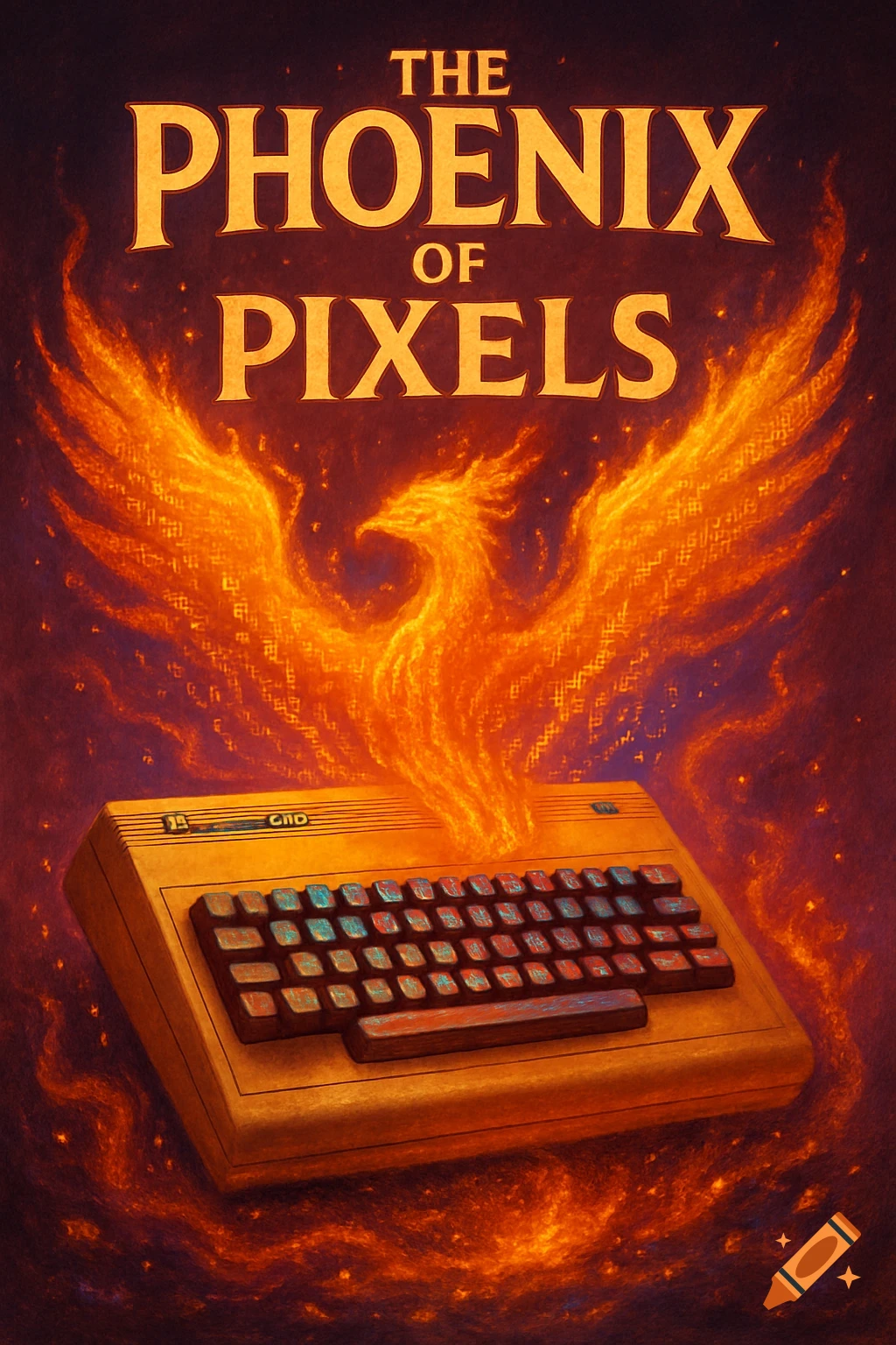 An artistic poster of a retro computer resembling a Commodore 64, with a fiery phoenix rising from it. The text "THE PHOENIX OF PIXELS" is at the top.