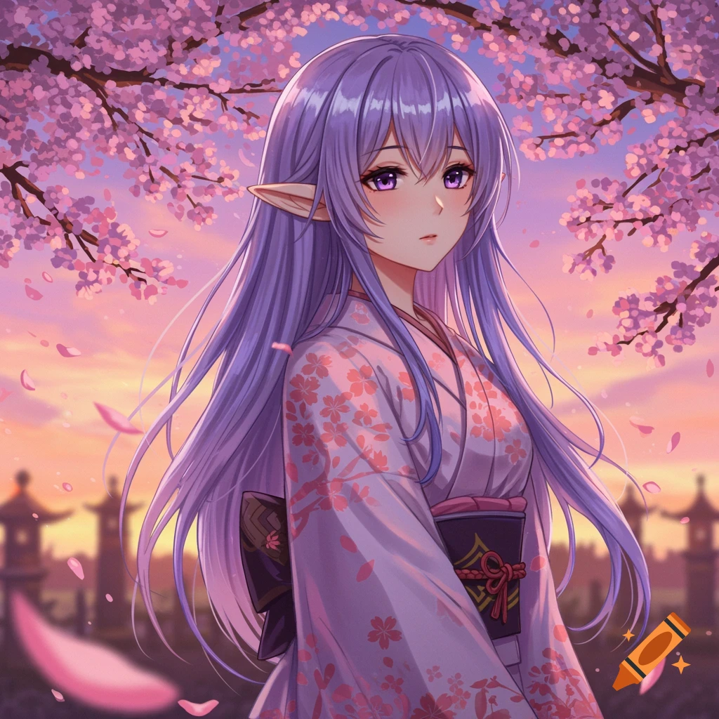 Anime girl with purple hair and elf ears in a pink kimono under cherry blossoms at sunset.