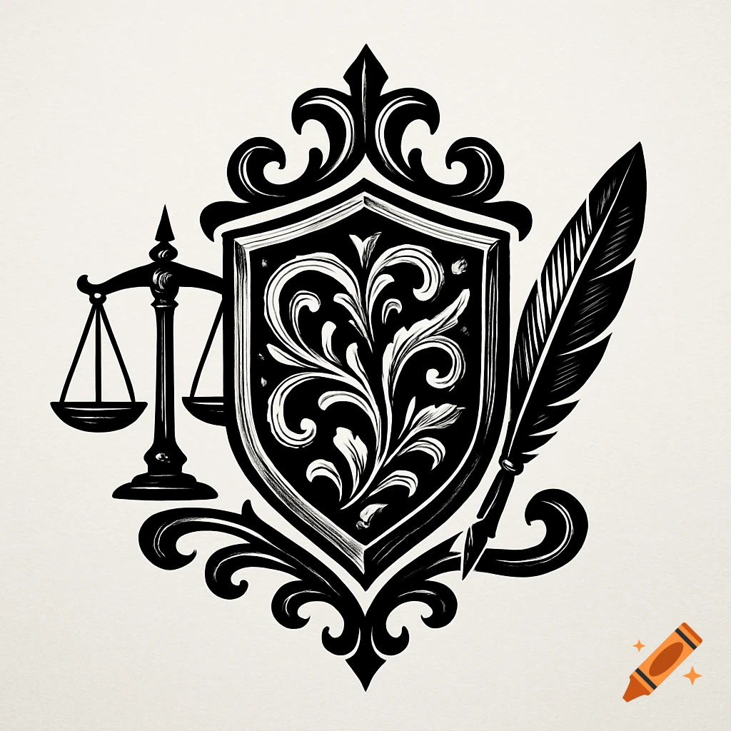 Black and white ornate logo featuring a shield with scrollwork, a quill, and scales of justice, in a fantasy style.