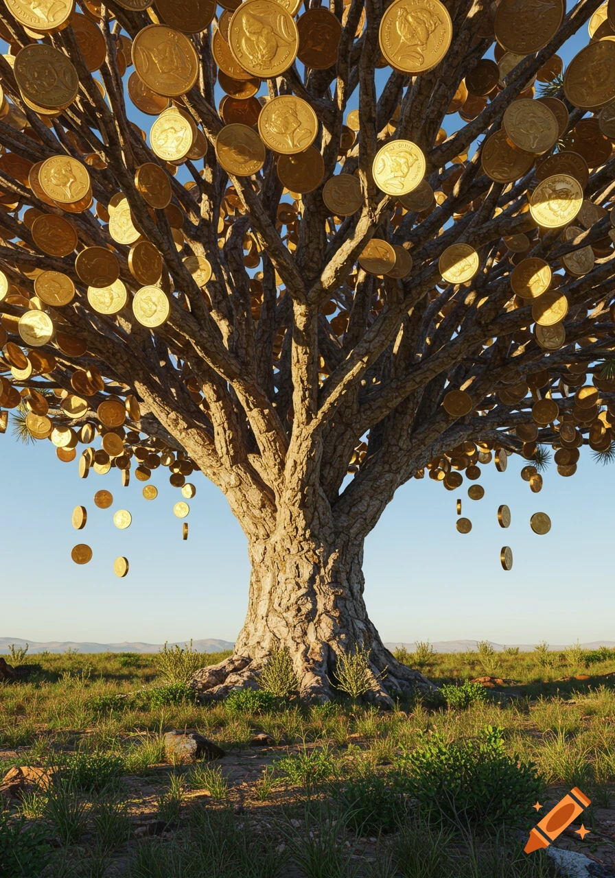 A photorealistic image of a large tree with golden Australian coins for leaves, some falling, against a blue sky.