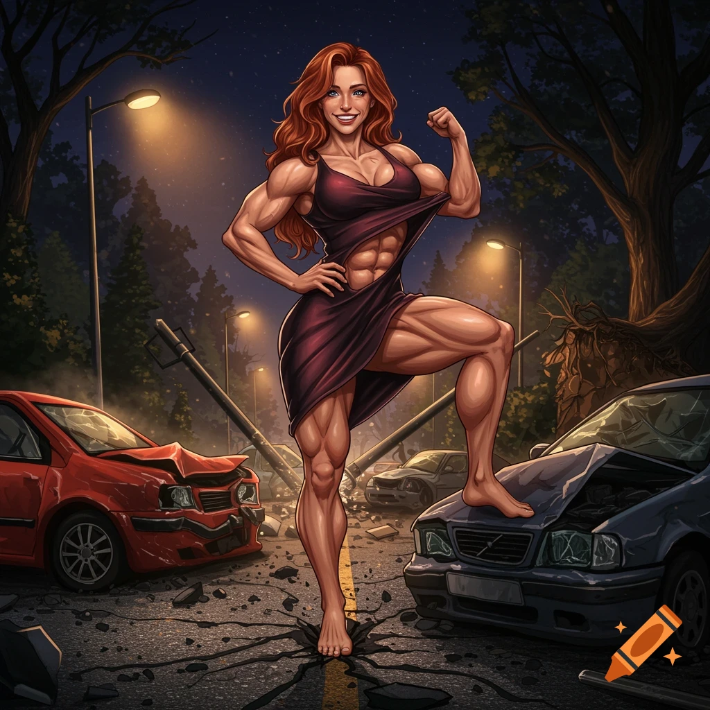 Digital illustration of a superstrong muscular woman with red hair, smiling as she stands barefoot on a crushed car amidst a destroyed street at night.