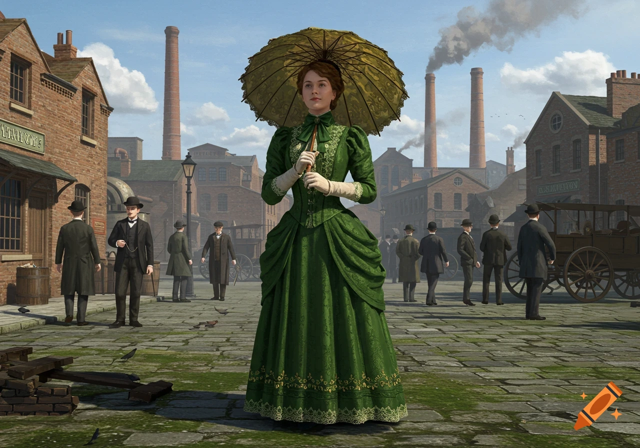 A Victorian woman in a green dress with a parasol stands in a bustling industrial town square with factories in the background.