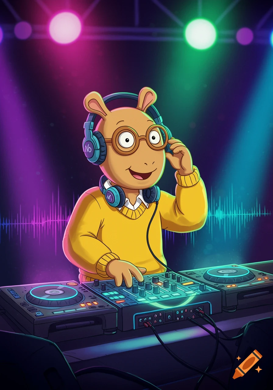 Arthur from the cartoon series wearing headphones and DJing at a vibrant, colorful club setting with spotlights and sound waves.
