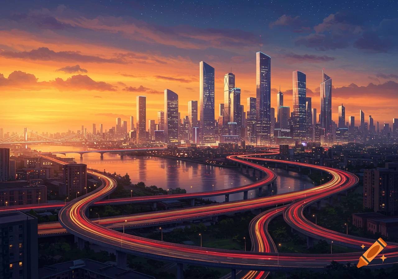 A vibrant cityscape at sunset with glowing skyscrapers, a river, and winding highways featuring red light trails.
