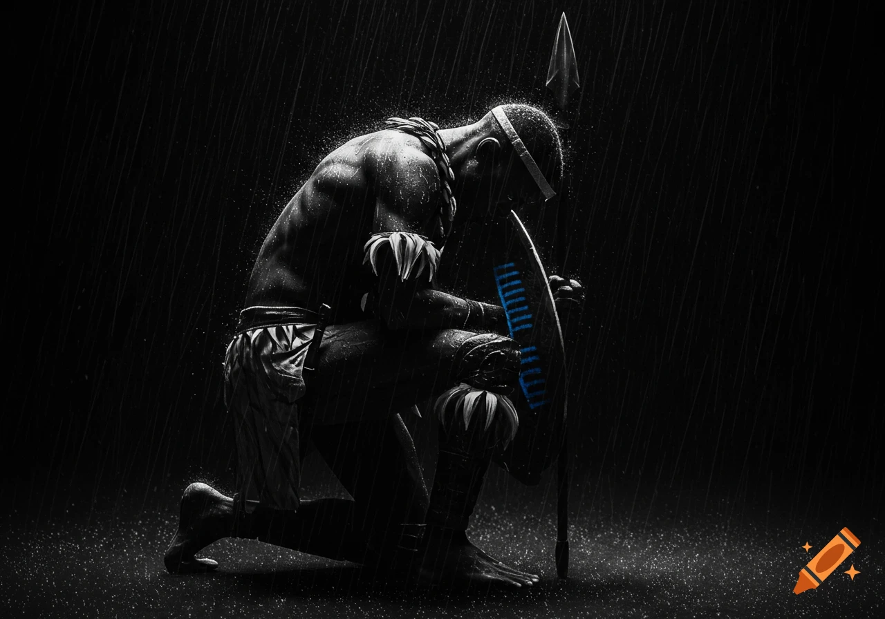 Monochrome side profile of a Zulu warrior kneeling in the rain with a shield and spear.