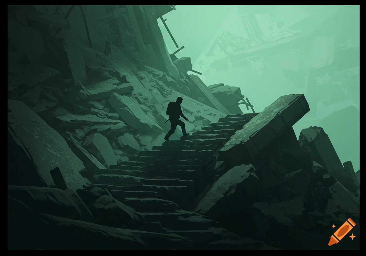 A silhouette of a man ascends stone steps through a dark, green-tinted landscape of rubble and ruins.