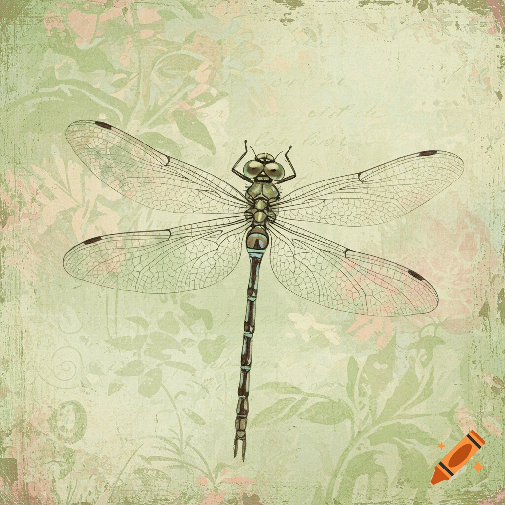A vintage-style illustration of a dragonfly on a distressed, faded green and pink background with floral and script patterns.