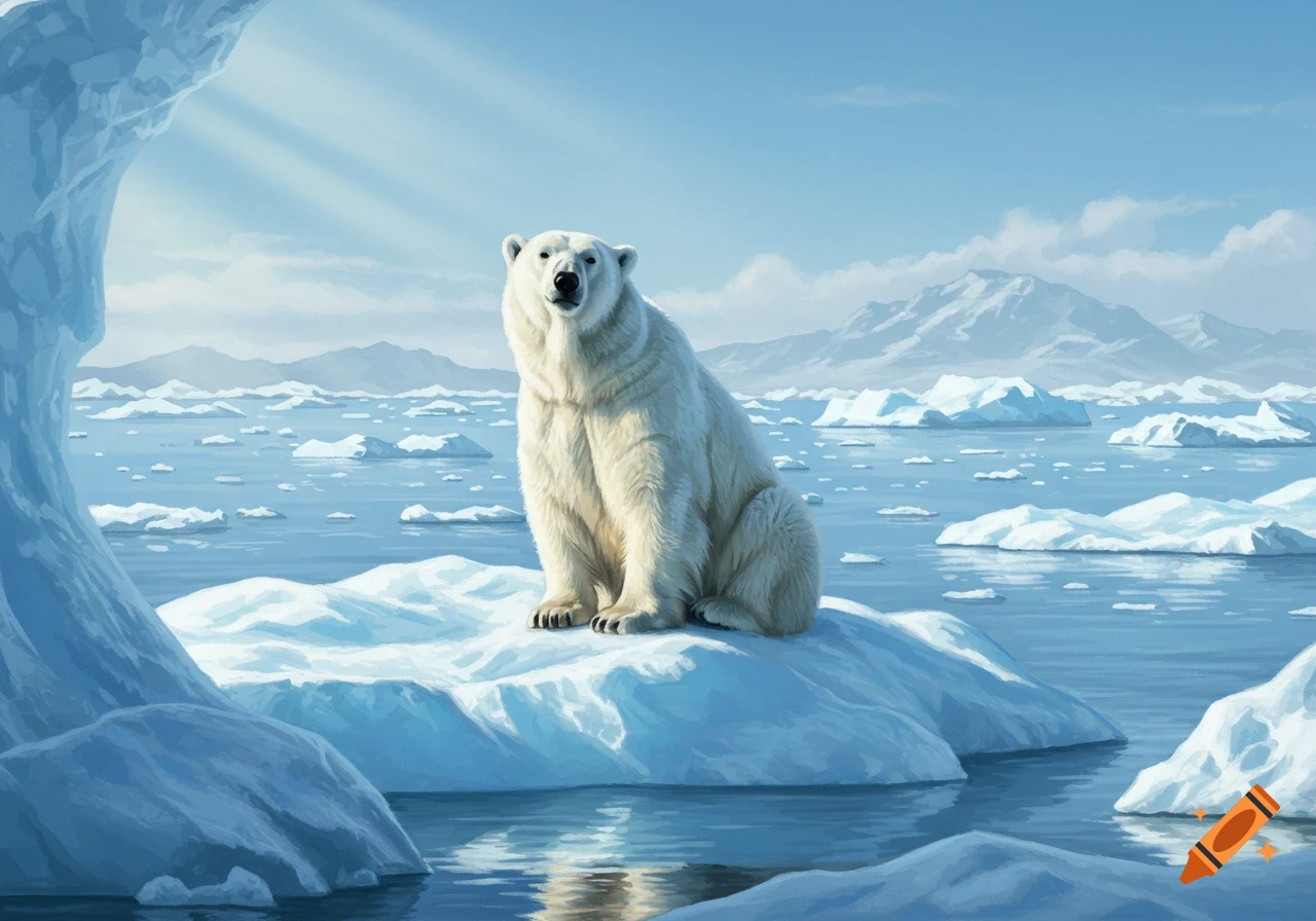 A photorealistic polar bear sits on a large iceberg in a bright blue arctic sea with mountains and ice chunks in the background.