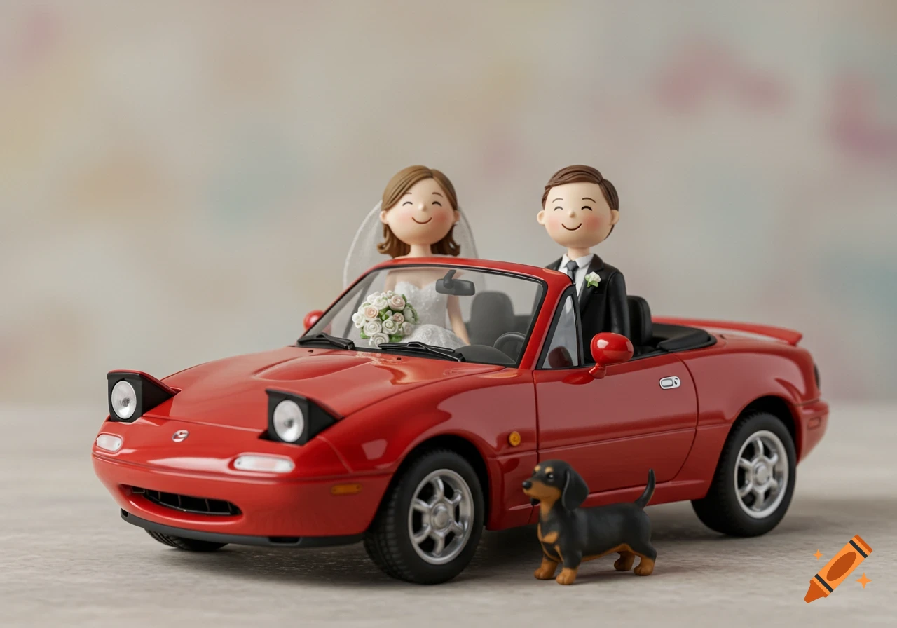 Photorealistic image of bride and groom cake toppers in a red 1990 Mazda Miata convertible with a mini dachshund puppy.
