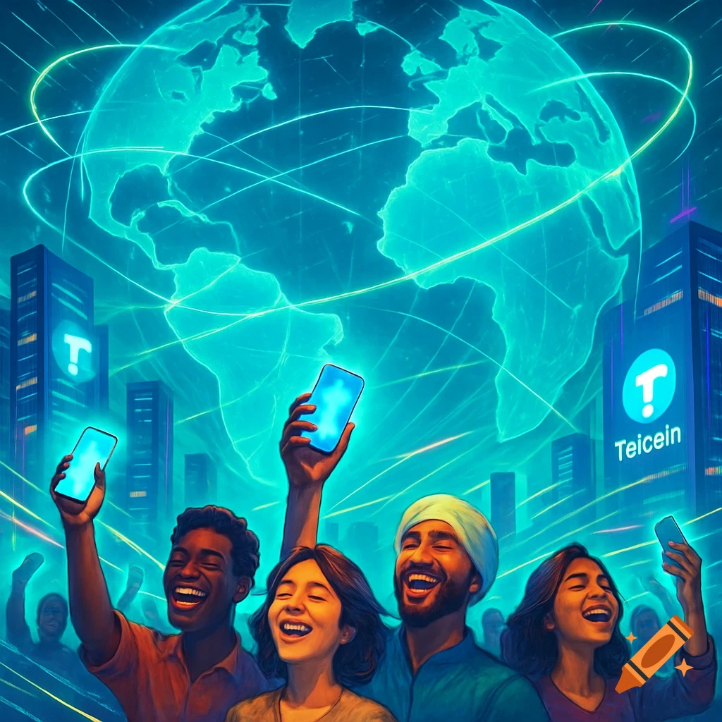 Diverse people happily hold up glowing smartphones against a vibrant blue glowing globe and futuristic city skyline.
