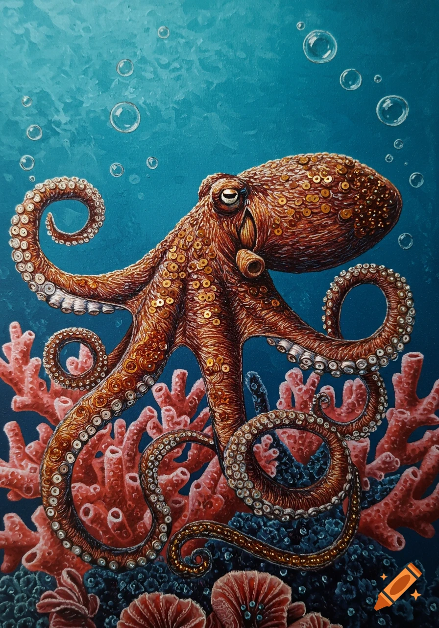 An intricately embroidered brown octopus with curled tentacles swims above red and blue coral in a vibrant blue underwater scene with bubbles.