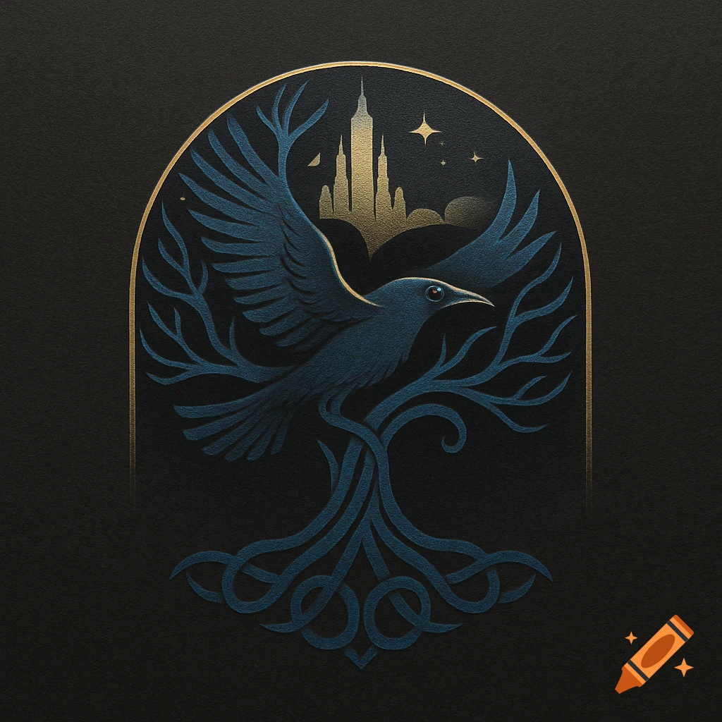 Stylized blue raven perched on a dark blue tree of life within a golden arched frame, with a golden city silhouette and stars in the background.