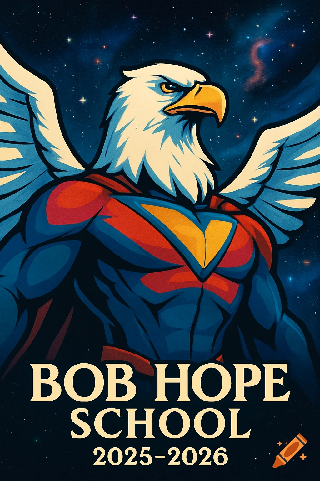 Drawing of a superhero eagle in a red and blue suit against a starry space background, with the text 'BOB HOPE SCHOOL 2025-2026' below.