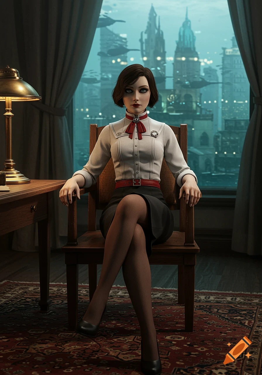 A 3D render of a woman inspired by Elizabeth Comstock, sitting poised in a chair in a noir-style room overlooking an underwater city.