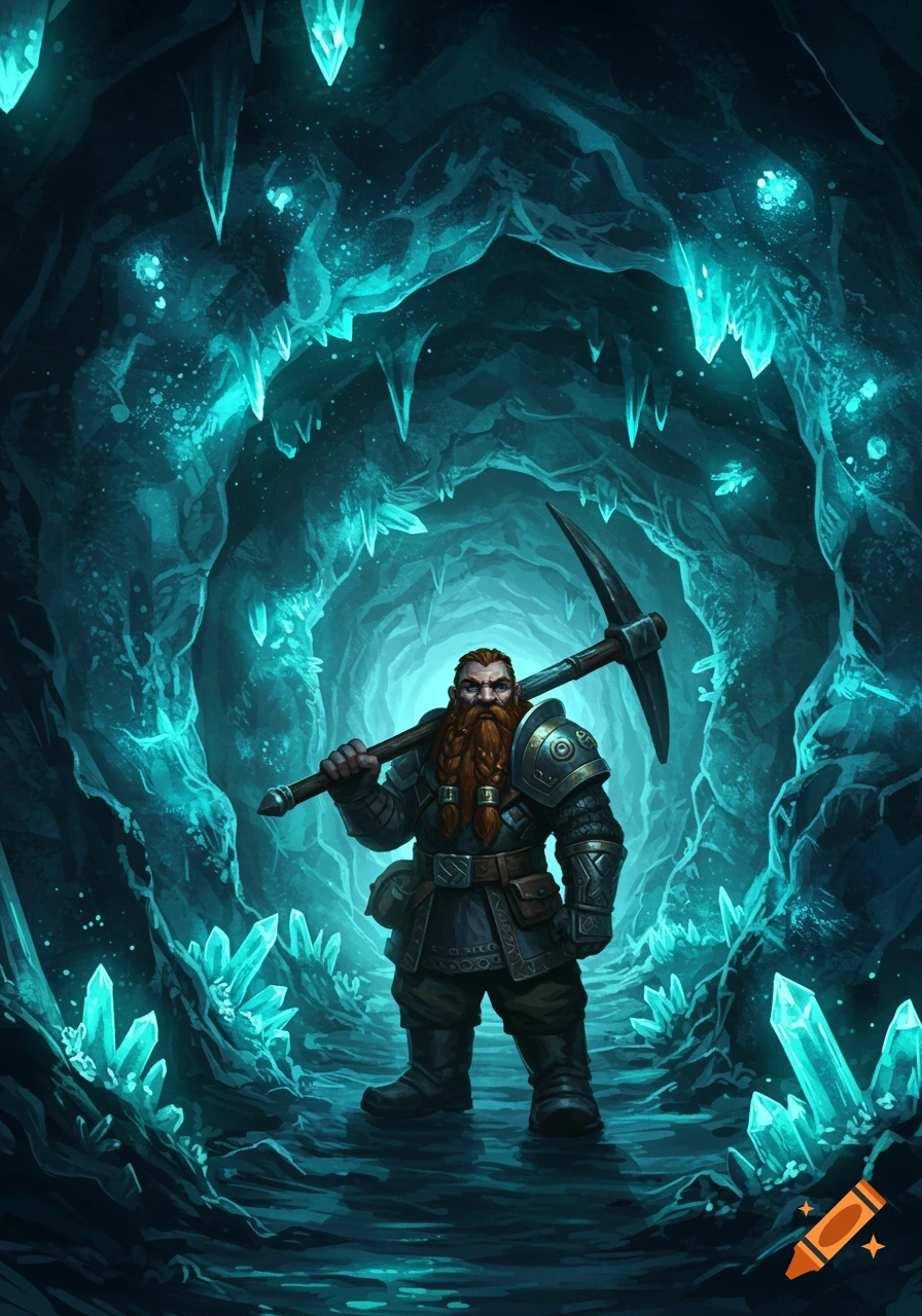 A dwarf with a red beard stands in a glowing crystal cave, holding a pickaxe over his shoulder in an illustrated fantasy art style.