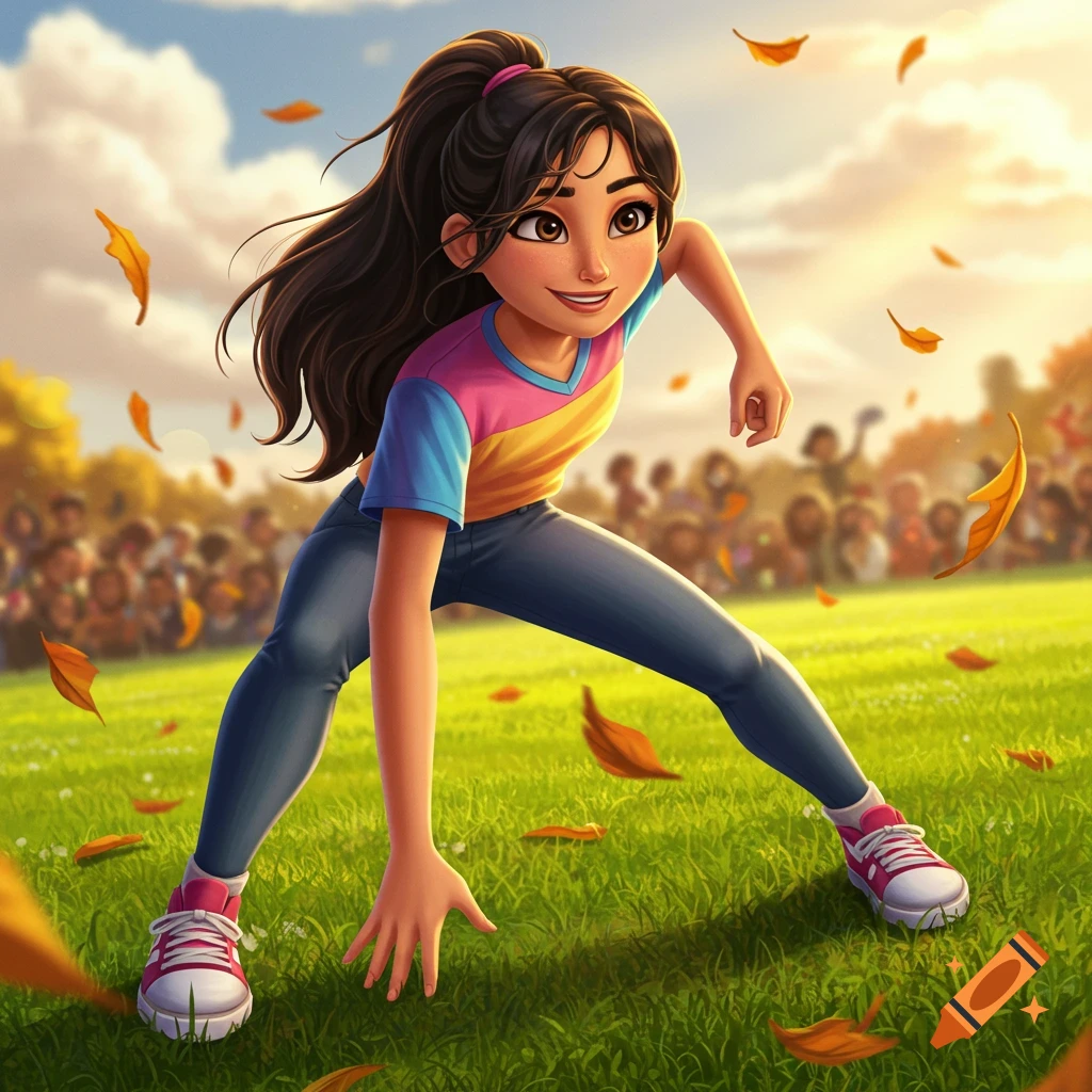 A smiling animated girl with dark hair in a ponytail, wearing a colorful t-shirt and jeans, crouches on a green field with autumn leaves falling, with a blurred crowd in the background.