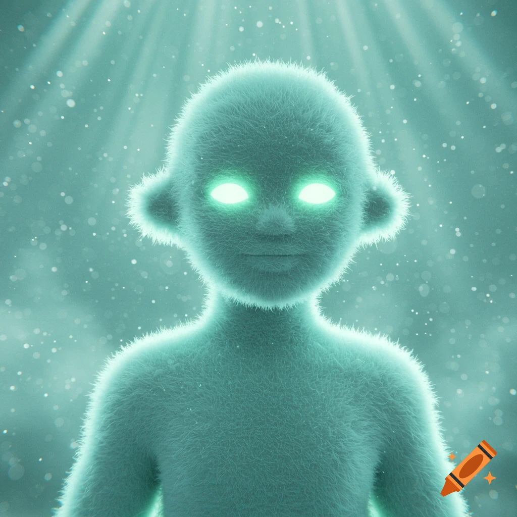 A glowing, fuzzy, teal humanoid figure with bright eyes stands amidst ethereal light and particles.