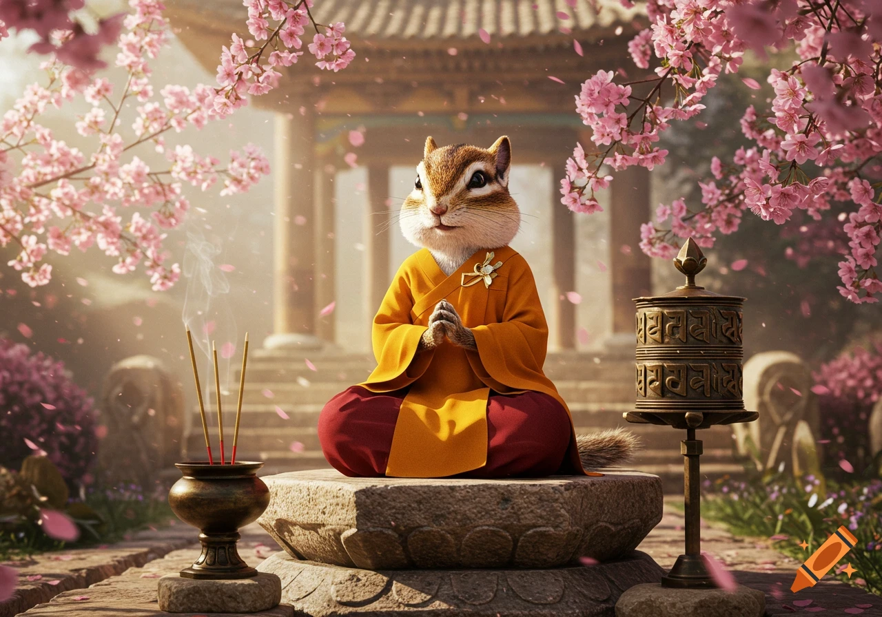 A chipmunk wearing orange and red Buddhist robes sits meditating on a stone platform, surrounded by pink cherry blossoms and incense smoke. A prayer wheel is on the right.