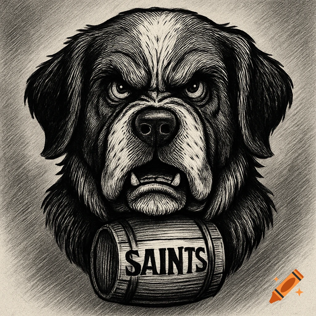 Black and white drawing of an angry St. Bernard mascot head with a barrel around its neck that says 'SAINTS'.