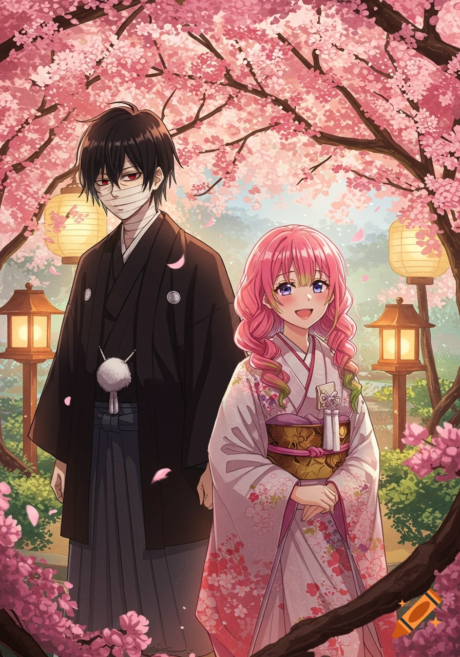 Anime style illustration of a man and woman in traditional Japanese wedding attire under cherry blossoms.