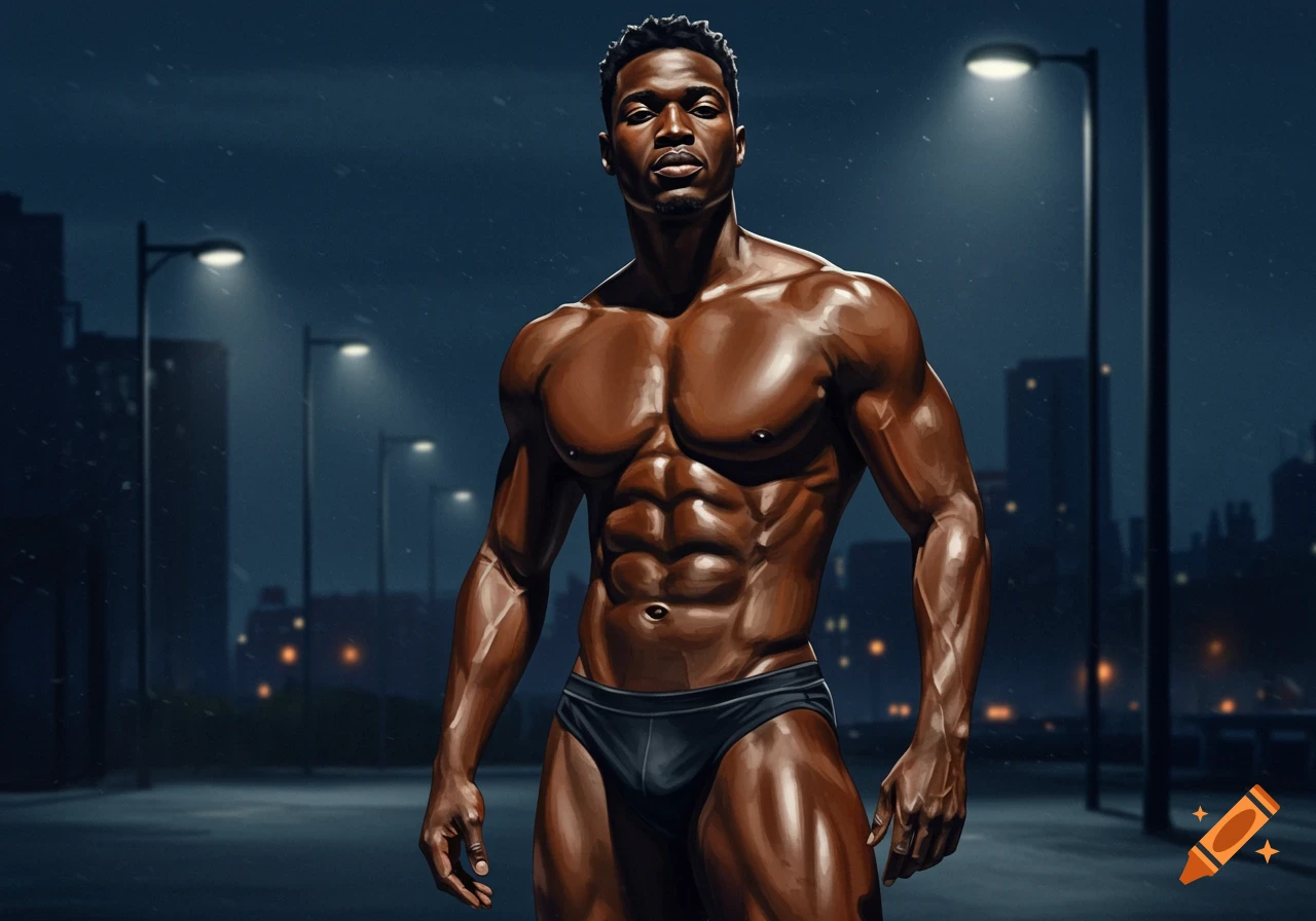 A muscular Black man in black briefs stands on an urban street at night, with streetlights illuminating the scene in a realistic painted style.