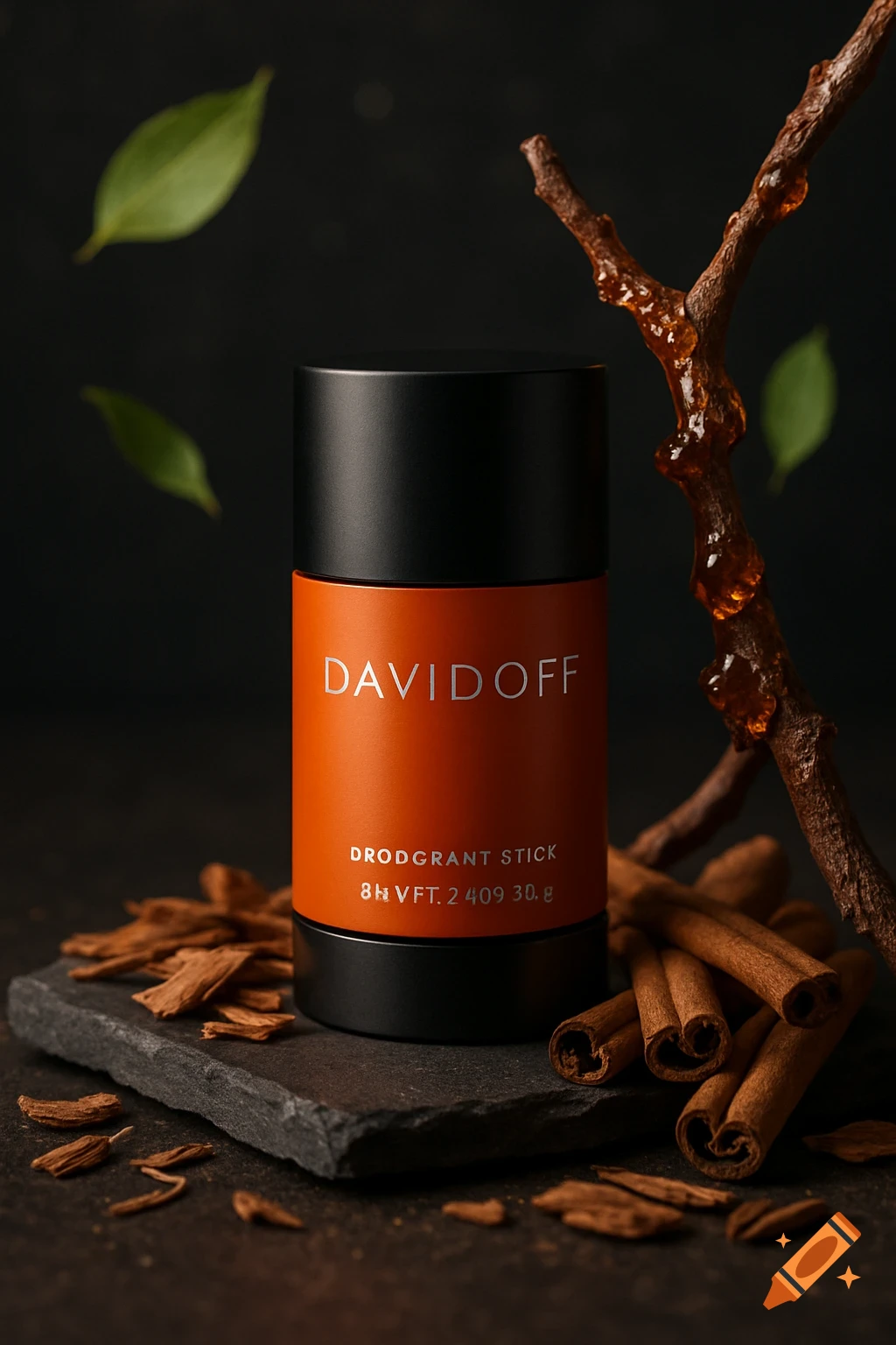A hyper-realistic product photograph of an orange and black Davidoff deodorant stick, surrounded by cinnamon sticks, wood chips, and a branch with amber resin droplets, against a dark background.