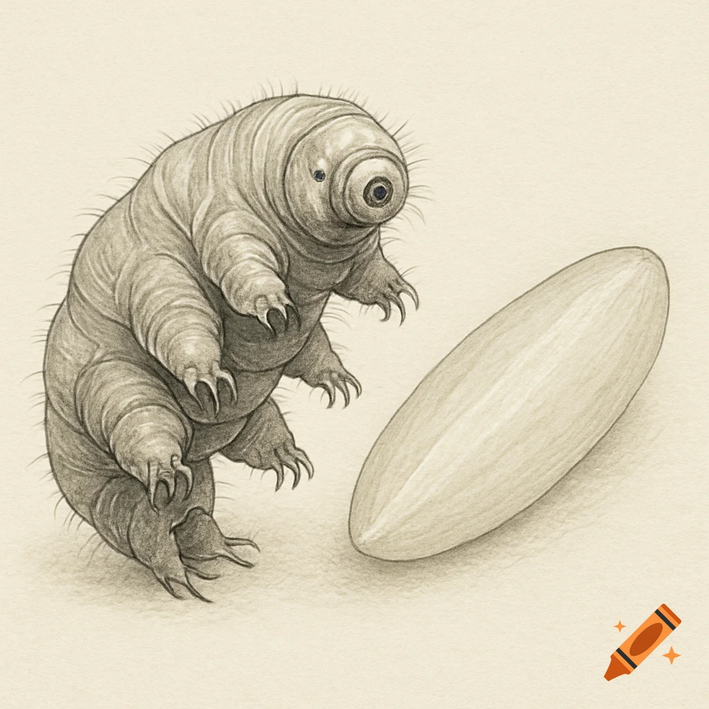 A detailed scientific illustration of a tardigrade, also known as a water bear, standing next to a grain of rice.