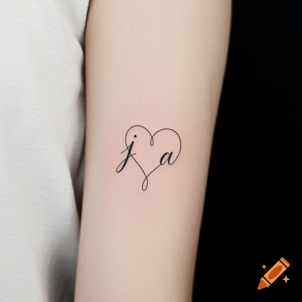 Fine line tattoo of intertwined letters J and A forming a heart on an arm.