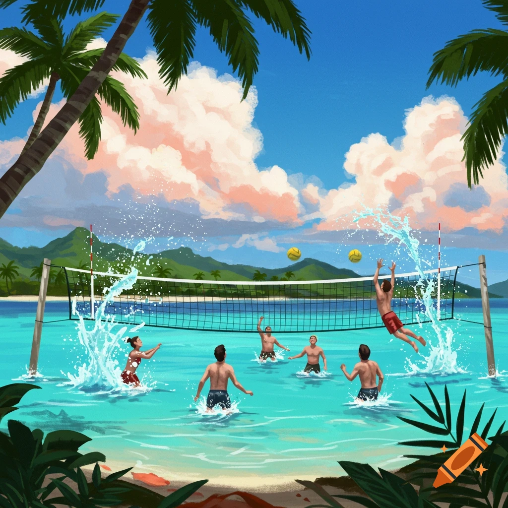 People play water volleyball in a bright blue tropical ocean with palm trees and mountains under a blue sky with pink-tinged clouds.