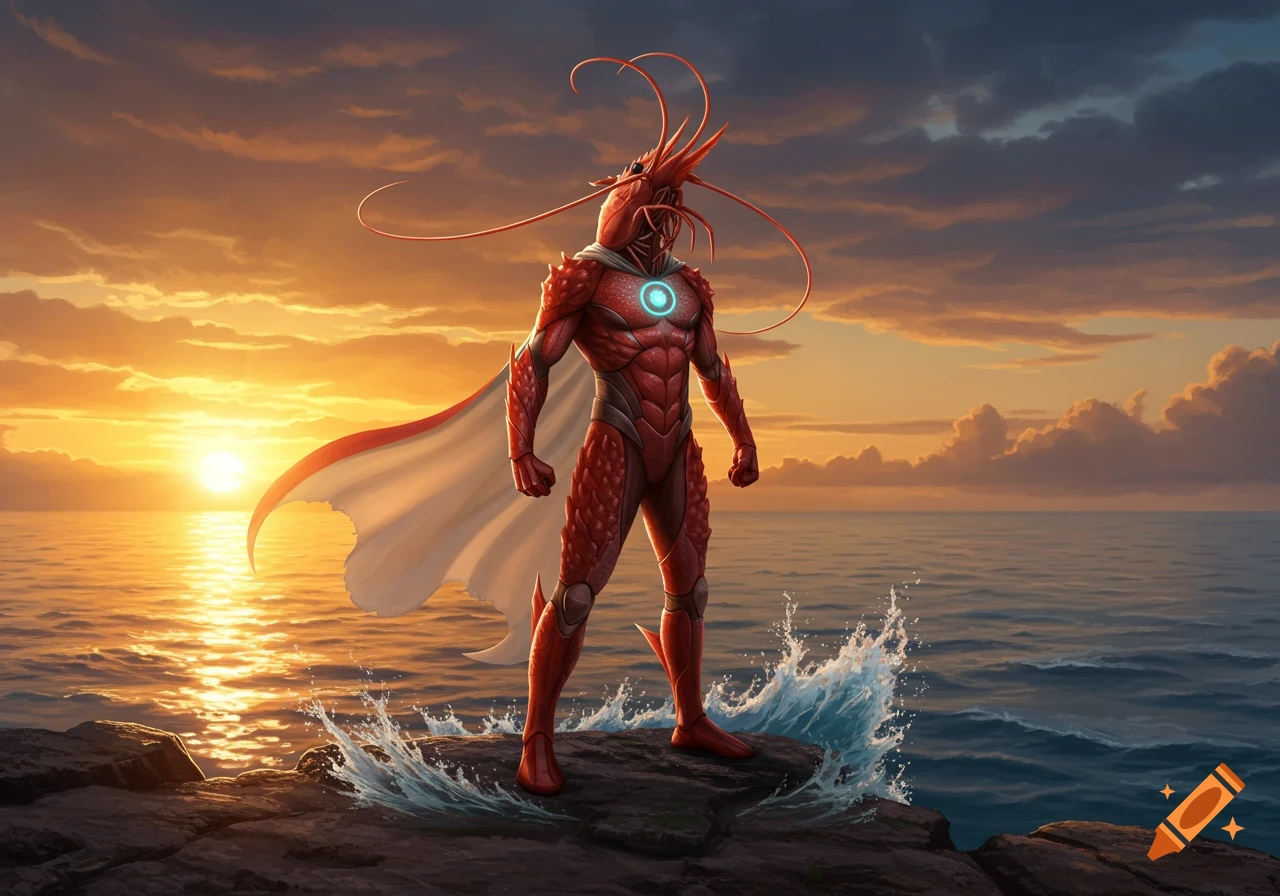 Muscular shrimp-headed superhero in red armor and cape stands on ocean rocks at sunset, water splashing.