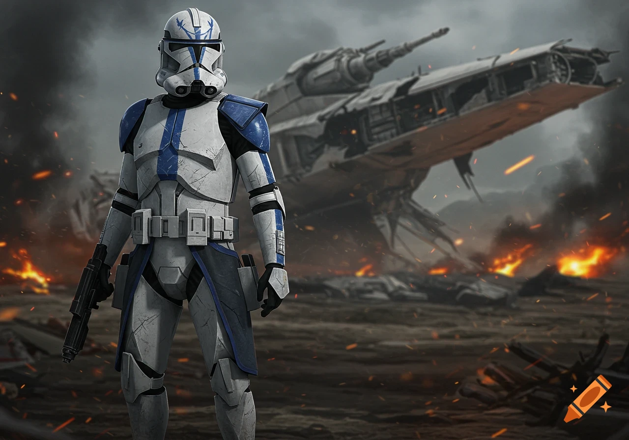A photorealistic Star Wars clone trooper in blue and white armor stands in a burning, destroyed landscape with a crashed spaceship.