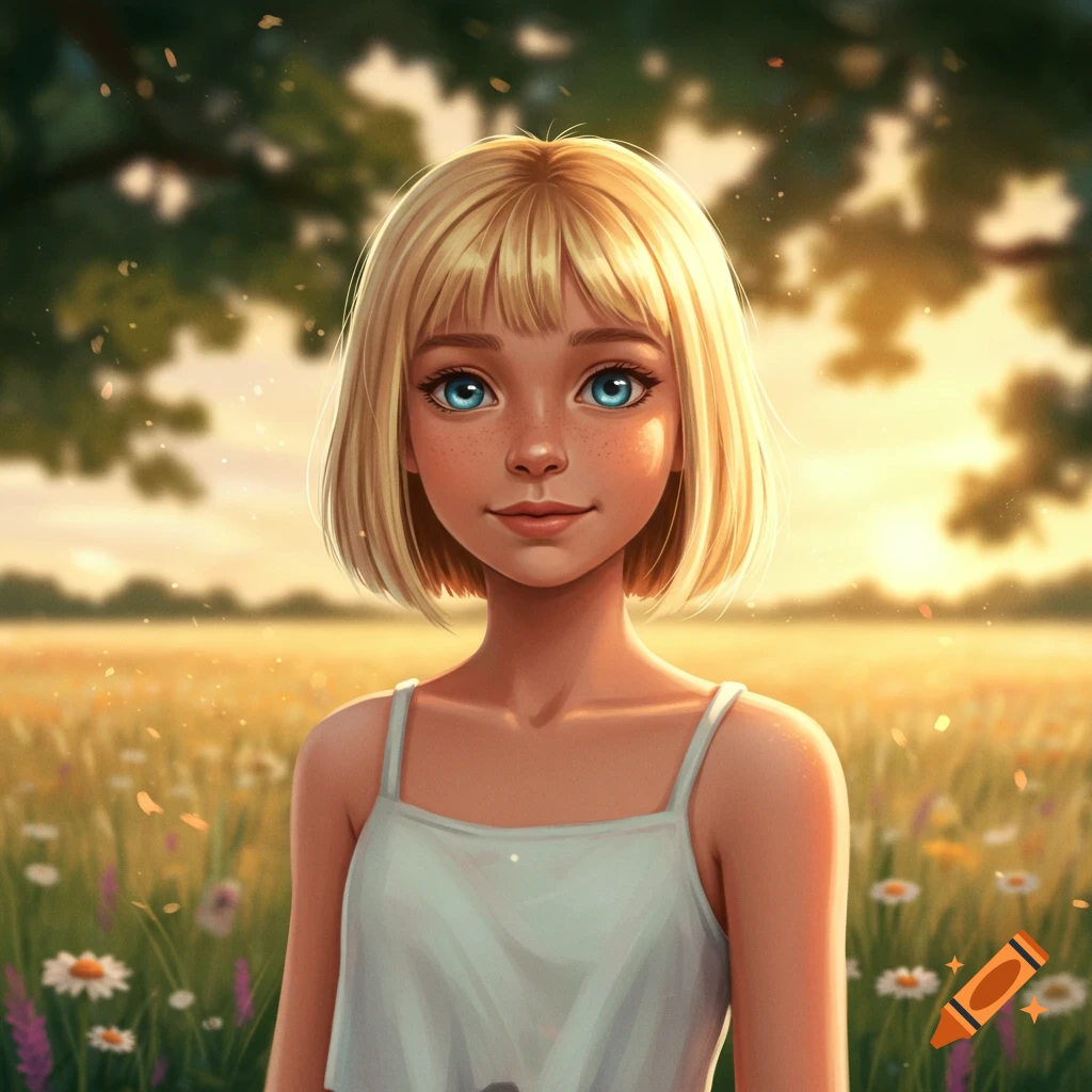 A digitally illustrated portrait of a blonde girl with blue eyes and short hair, standing in a sunny field at sunset.