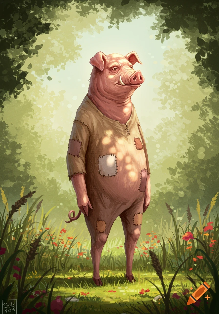 An illustrative painting of a tall pig-like creature in a patched tunic standing in a sunlit forest with green leaves and wildflowers.
