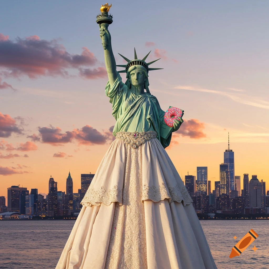 Photorealistic image of the Statue of Liberty wearing a white wedding dress and holding a pink glazed donut with sprinkles, set against a sunset New York City skyline.