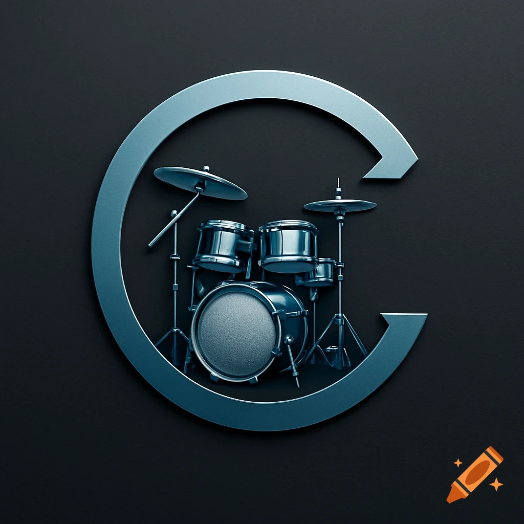 A metallic blue drum kit inside a circular logo with an arrow, on a dark gray background.