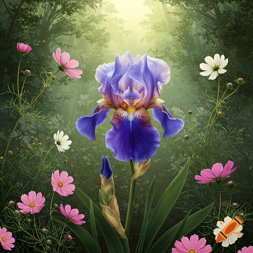 A large vibrant purple iris stands in a lush green forest, surrounded by pink and white cosmos flowers under dappled sunlight.