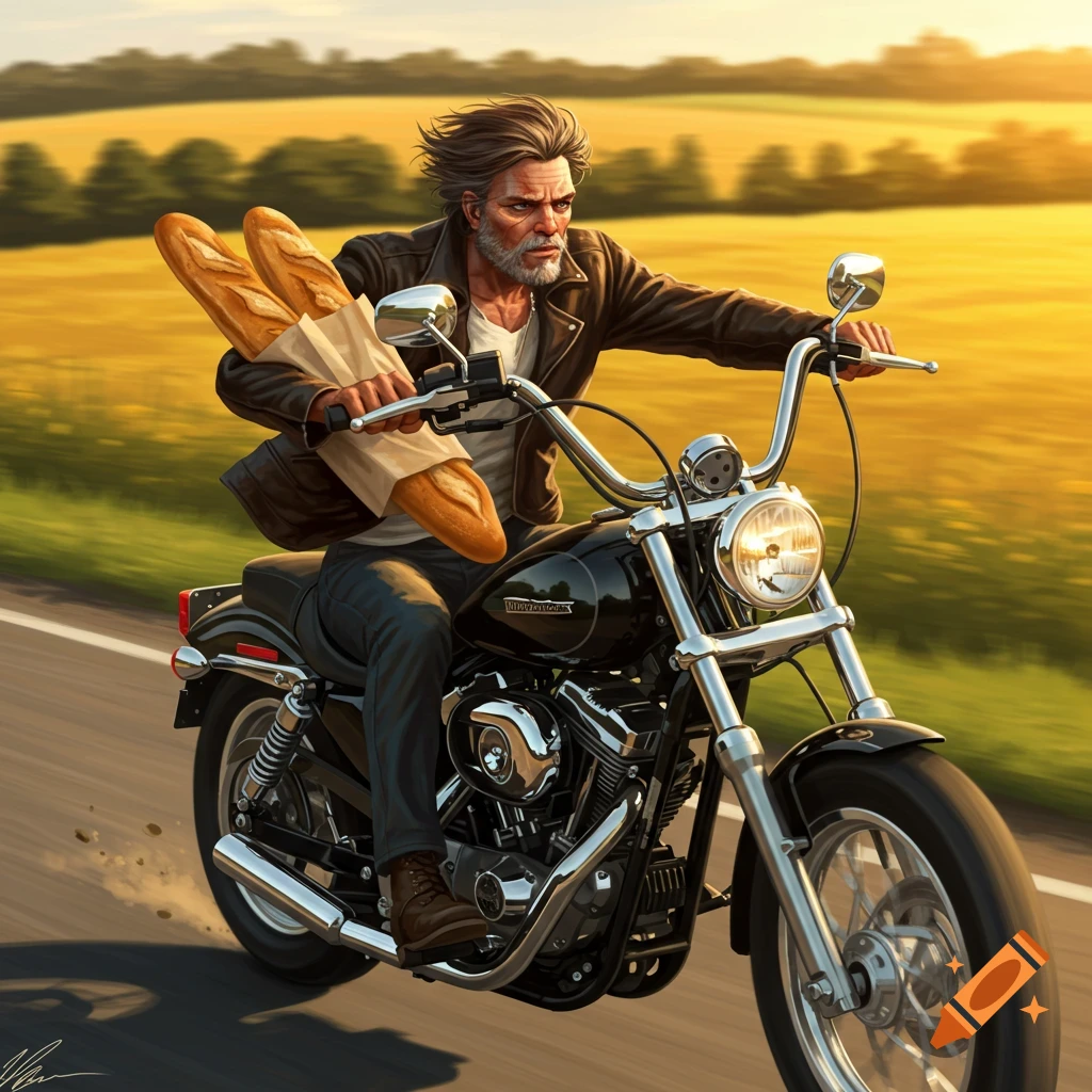 A rugged man on a black motorcycle holds two baguettes, riding down a road past golden fields at sunset.
