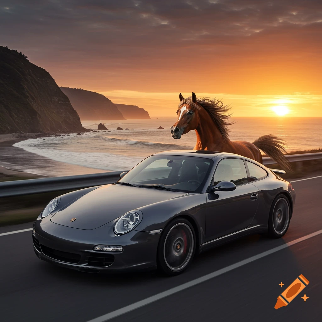 A brown horse with its head out of the sunroof of a grey Porsche sports car driving on a coastal road at sunset.
